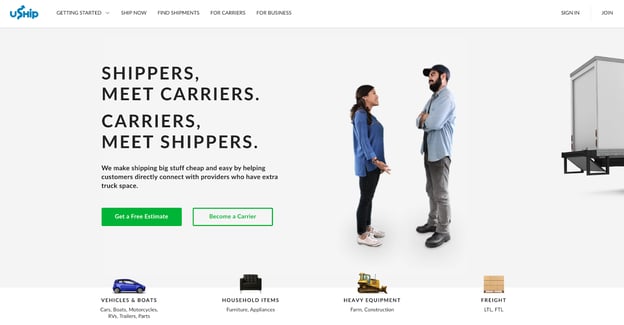 UShip.com Homepage marketplace for logistics