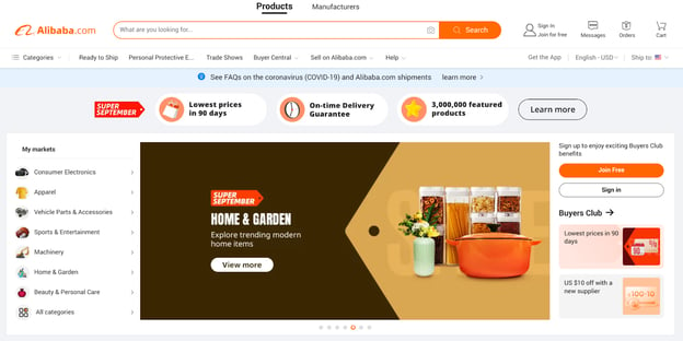 Alibaba B2B Global Marketplace Homepage